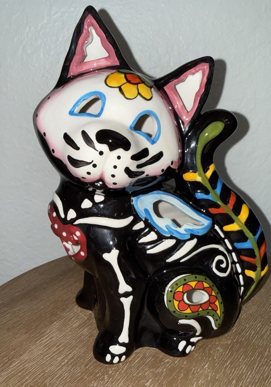 Blue Sky 2017 Clayworks Day of the dead skeleton kitty cat tealight votive 9”